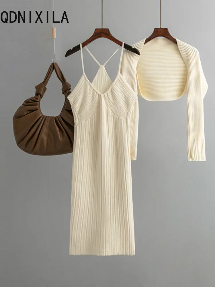 

Autumn New Sexy Pure Spice Girl Sling Neck Knitted Dress Women's Cardigan Two Piece Set Maxi Dresses for Women long sleeve top
