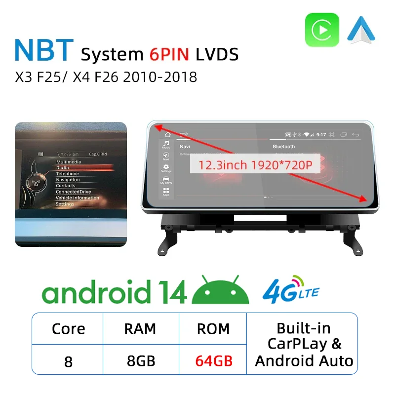

12,3-дюймовый автомобильный радиоприемник Carplay, автомобильные мультимедийные мониторы для BMW X3 F25 X4 F26 Android 14, автомобильные аксессуары, навигация