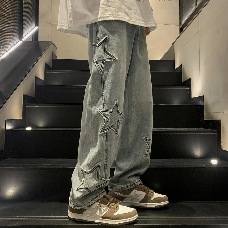 Y2K Vintage Men Korean Blue Streetwear Oversize Star Aesthetic Straight Trousers Wide Leg Jeans Grunge Denim Pants Women Clothes