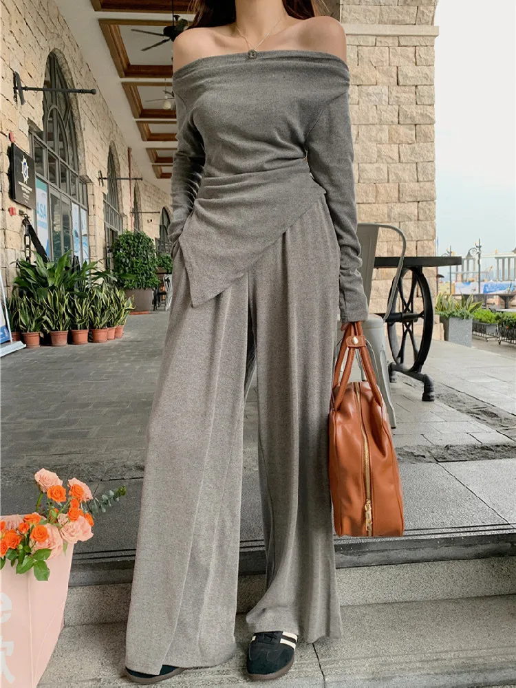 

Женский Осенний Асимметричный пуловер с длинным рукавом и брюки с широкими штанинами