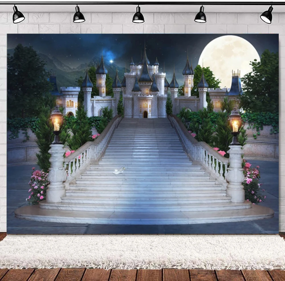 

Photography Backdrop Princess Birthday Party Wedding Background Castle Stair Red Carpet Moon Fantasy Decoration Banner