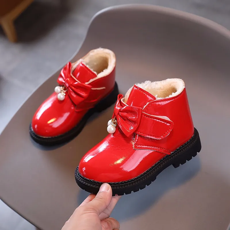 

Winter Girls Patent Leather Pearls Ankle Boots Kids Bow Plush Warm Ankle Shoes Toddler Girls Square Heel Boots Snow Boots 6-12Y