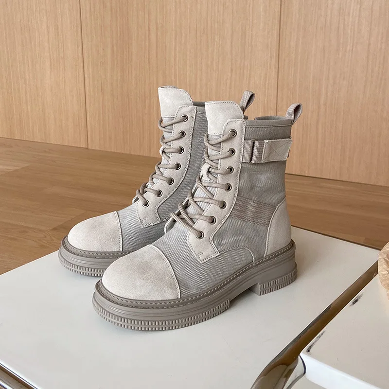 Summer Canvas Ankle Women Boots British Style Lace Up Round Toe Motorcycle Boots Side Zipper Mixed Color Popular Platform Shoes