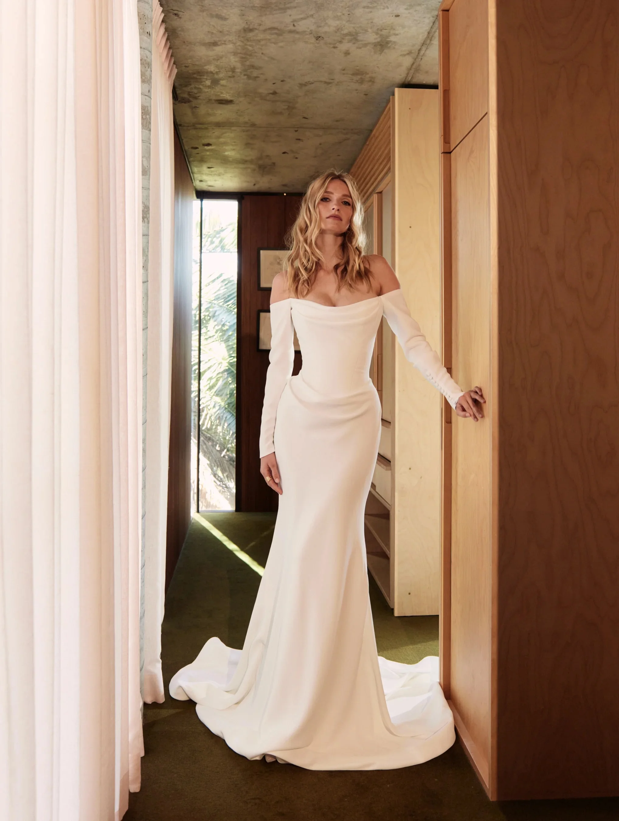 Vestidos Blancos Boda Civil Vestido De Noiva Minimalista атласное свадебное платье Novia Manga Larga Corte Sirena Casamento