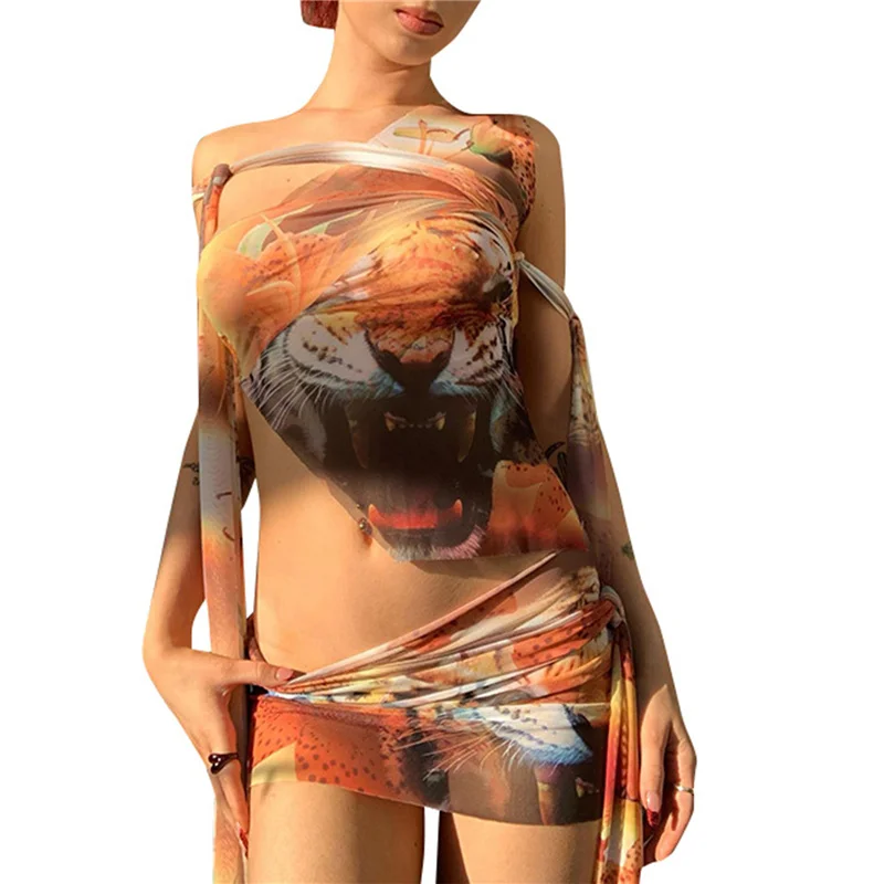 

Women\u2019s Vest and Skirt Set Fashion Tiger Print Irregular Bandage Camisole and Tight Short Skirt