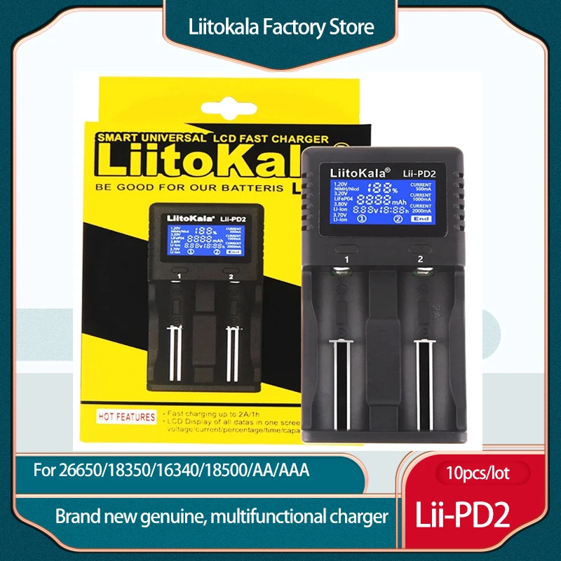 

10pcs/lot LiitoKala Lii-PD2 18650 Battery Charger for 3.7V Li-ion 18650/18500/16340/26650/21700 /20700/18350/CR123A 1.2V battery