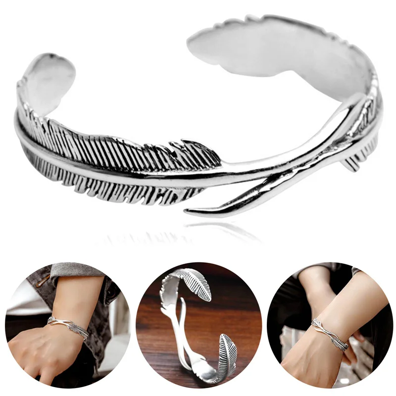 

Open Adjustable Tibetan Silver Bangle Feather Shape Cuff Bracelet for Men Women Classic Jewelry Gift Accessories Bangles