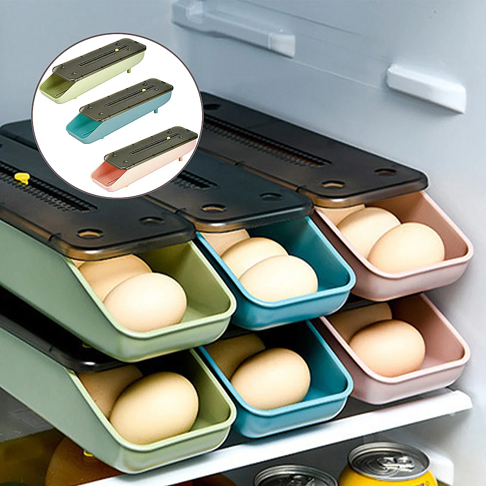 

Automatic Rolling Egg Box Kitchen Refrigerator Eggs Storage Organizer Household Transparent Drawer Tray Container Bin with Lids