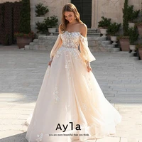 boho ball gown wedding dress with lace applique very fluffy off the should bridal dress sweep train vestidos de novia bride robe