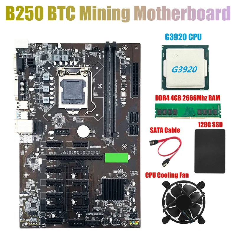 

Материнская плата для майнинга B250 BTC с ЦП G3920 или G3930 + вентилятор + DDR4 4 Гб 2666 МГц ОЗУ + 128G SSD + SATA кабель LGA 1151 12x разъем для графической карты