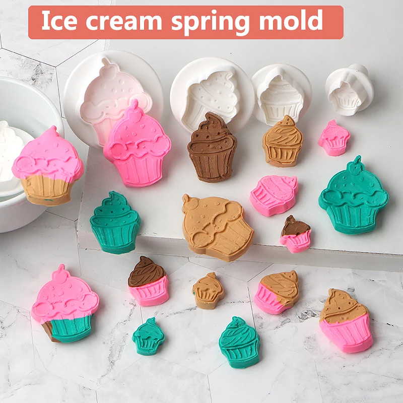 

4pcs Ice Cream Cake Cookie Plunger Cutter Fondant Gum Paste Cupcake Toppers Mold Biscuit Christmas Decorating Tool