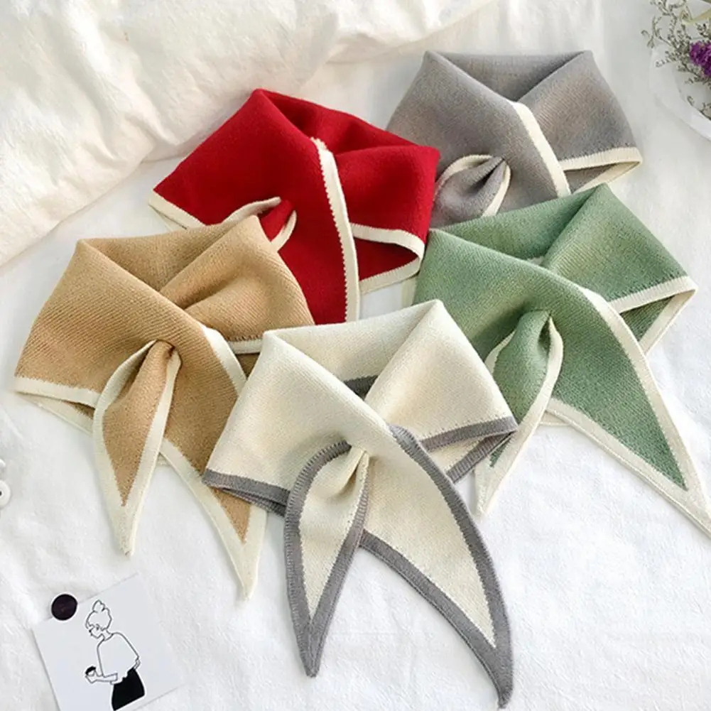 

Шерстяной вязаный треугольный шарф корейский женский Зимний вязаный шарф крест мягкий цветной накладной бант защитный теплый шейный эласт...