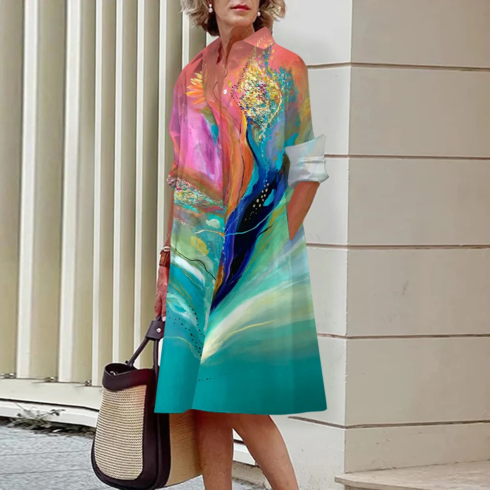 Новинка 2023 платье-рубашка женское офисное платье с длинным рукавом и принтом