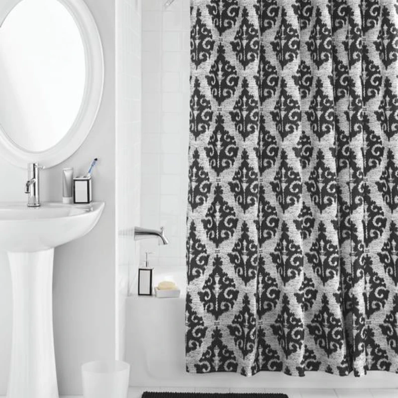 

17-Piece Ikat Damask Print Polyester/Ceramic Bathroom Accessory Set, Black