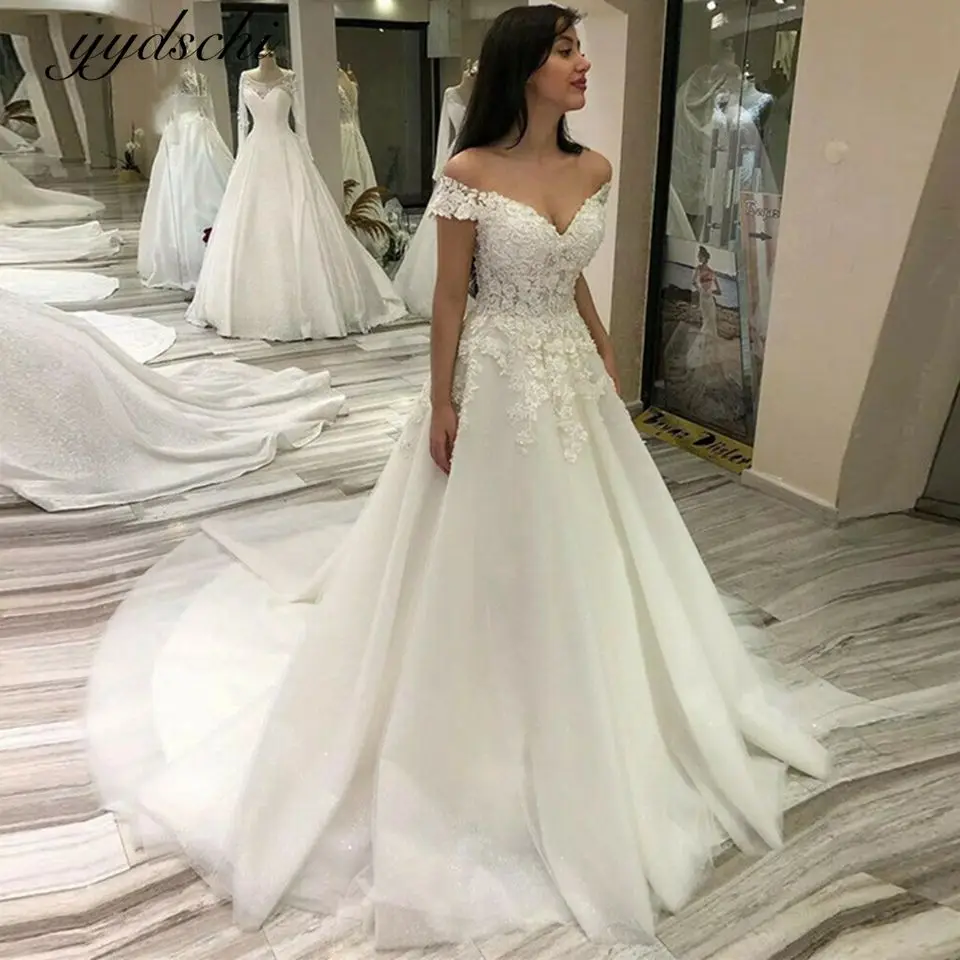 

Off The Shoulder White/Ivory Wedding Dresses For Women 2022 Tulle Lace Up Appliques Court Train A Line Beading Vestido De Novia