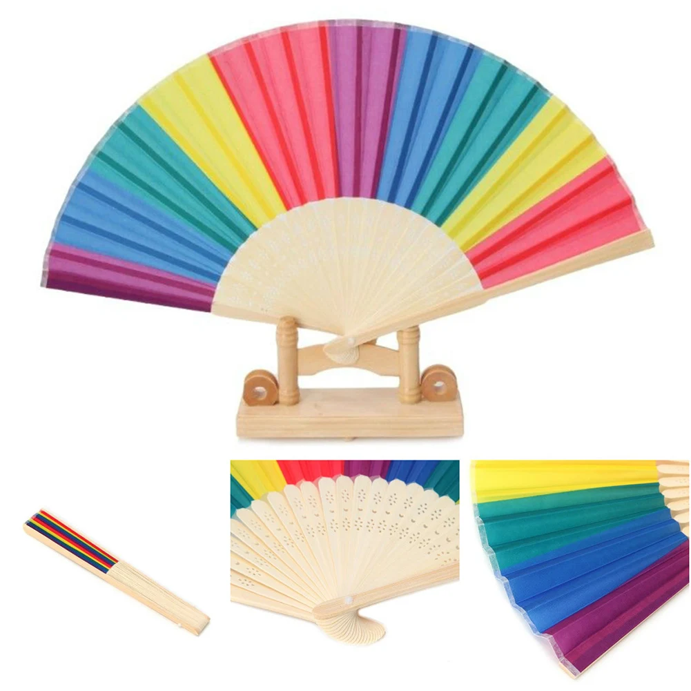 

Bamboo Rainbow Handheld Folding Fan Oriental Style Silk Fabric Hand Fans For Gay Pride Parties Decoration Fan Art Craft Decor