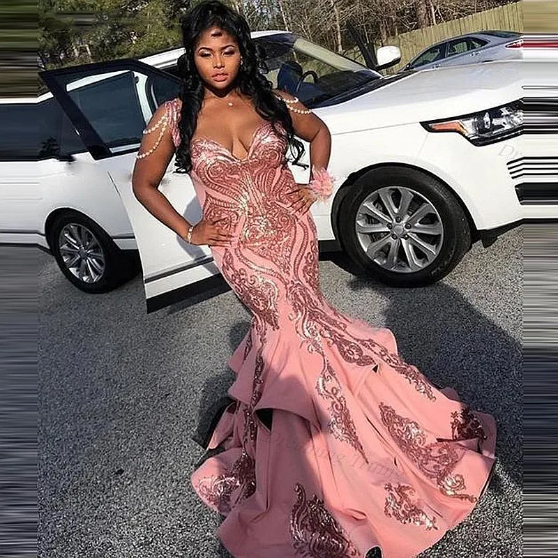 

Aso Ebi платье-Русалка для выпускного вечера для черных девушек, платье для вечевечерние НКИ на день рождения, Многоярусное блестящее кружевно...