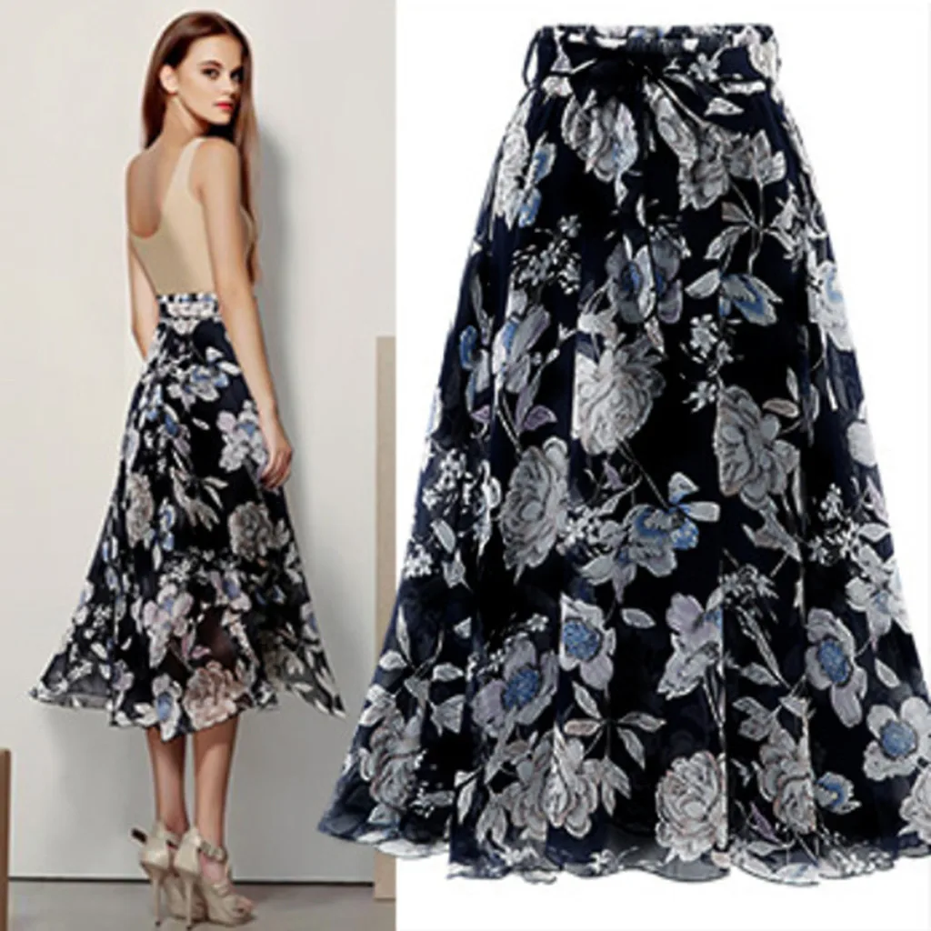 

Elegant OL Womens Flower Print Skirts Knee Length Ladies Soft Stretch Flared Printed Skater Midi Skirt Faldas Mujer Moda 2022