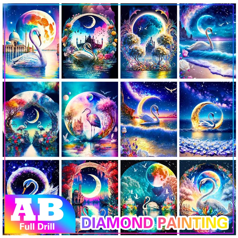 

GATYZTORY Diy Diamond Painting With Frame Handicrafts Swans Moon Night Full Square Round Cross Stitch Mosaic Embroidery Decors