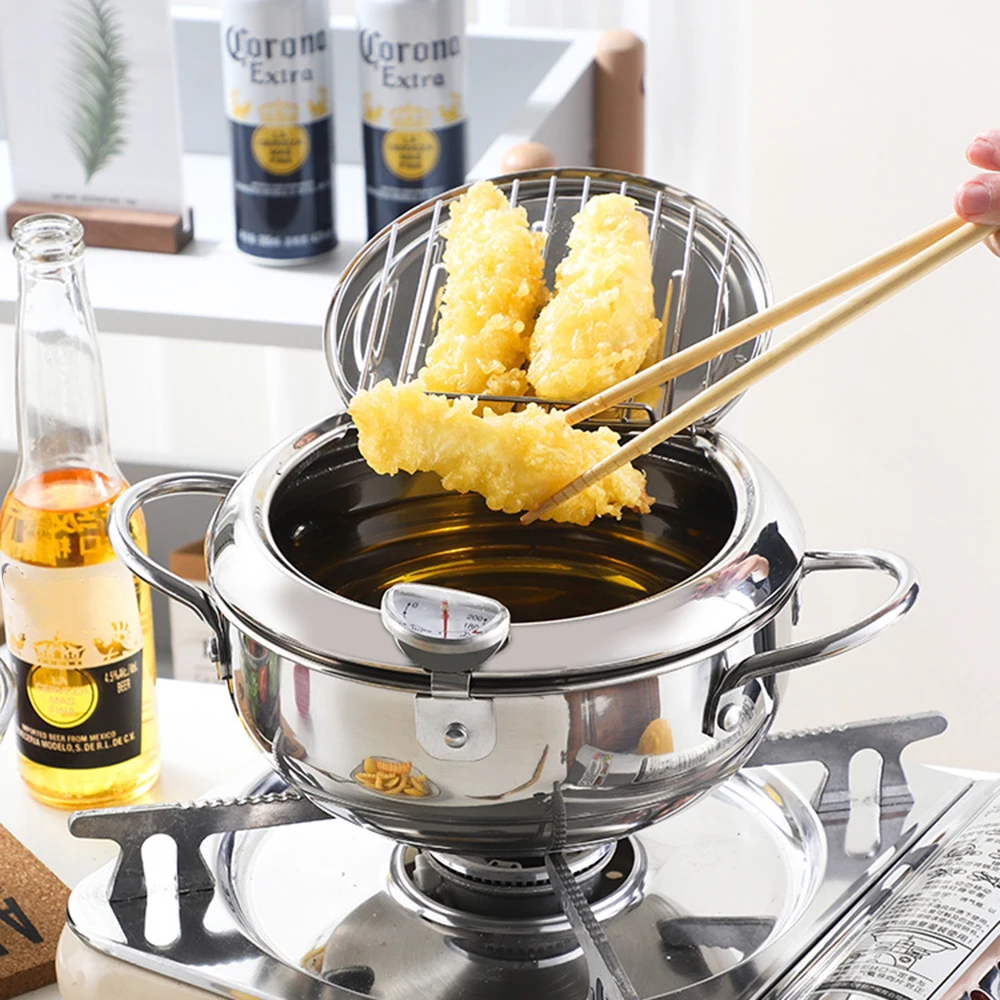 

Deep Frying Pot Tempura Fryer Pan With Thermometer and Lid 304 Stainless Steel 2 Handles Japanese Style 2.2L