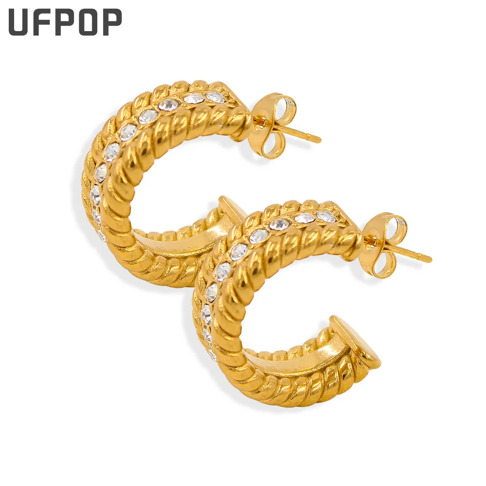 

New Trending Stainless Steel Hoop Earrings Hypoallergenic 3A Zircon Stone Paved Texture Gold Plated Women Statement Earring