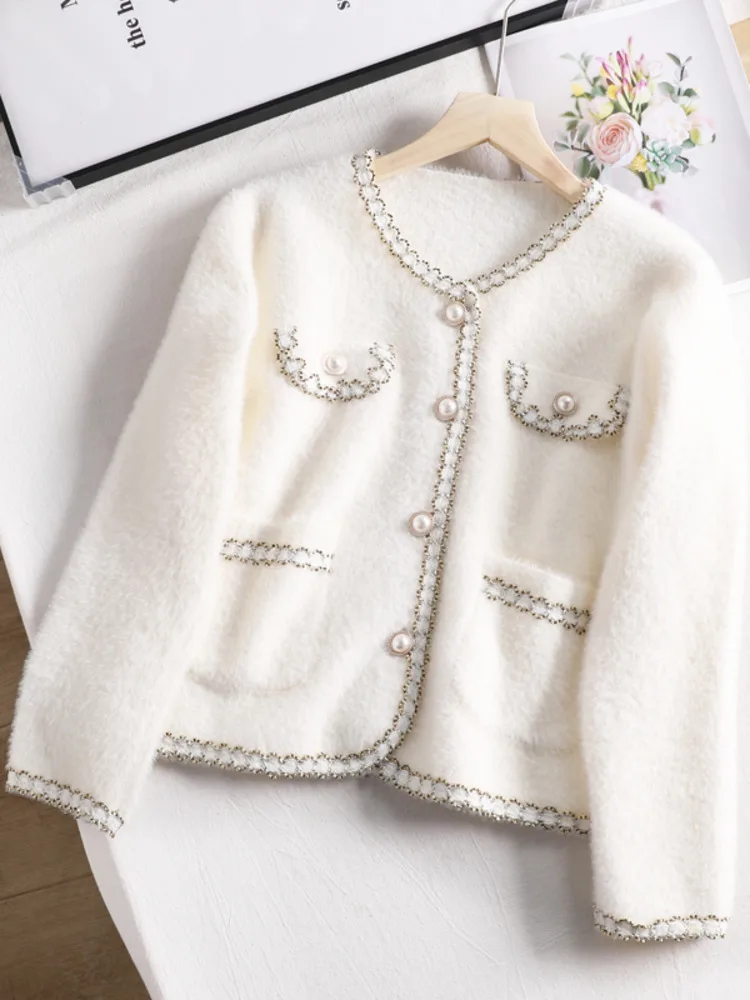 

Women Elegant Imitation Mink Cashmere Sweater Jackets Autumn Fashion Short Knitted Cardigan O-Neck Long Sleeve Loose Short Coats