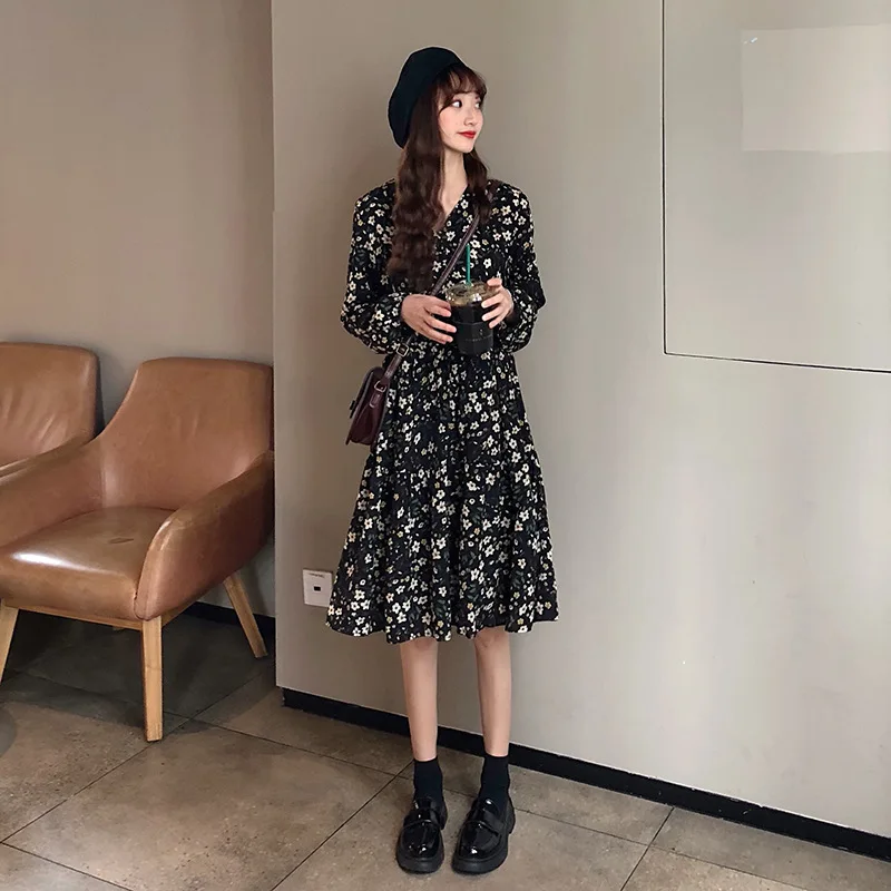 

Sweet Girl Long Sleeve Chiffon Floral Dress Summer Women Slim Waist Cottagecore Dresses 2021 Spring New Fashion Cute Streetwear