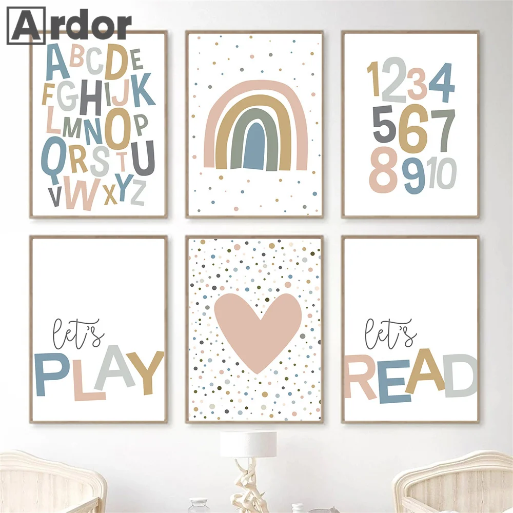 

Boho Rainbow Heart Nursery Wall Art Canvas Painting Numbers Alphabet Quotes Posters Nordic Prints Pictures Kids Room Home Decor