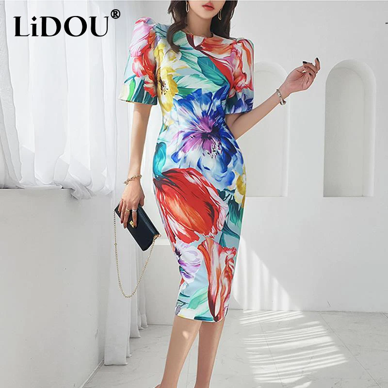 

2023 Summer New O Neck Floral Printing Bodycon Robe Femme Elegant Fashion Short Sleeve Slim Evening Party Dress Women Vestido