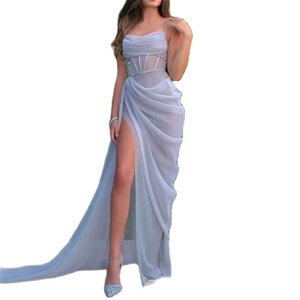 Women Sexy Spaghetti Cocktail Dress Sleeveless Backless Evening Dress Elegant Hollow High Split Maxi Party Dresses Vestido