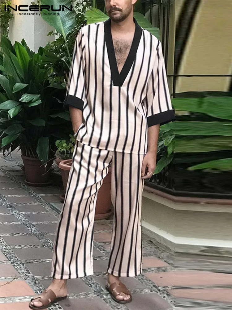 

Men Sets Striped Patchwork Breathable V Neck Half Sleeve T Shirt & Pants 2PCS Streetwear Loose 2022 Men Casual Suits 5XL INCERUN