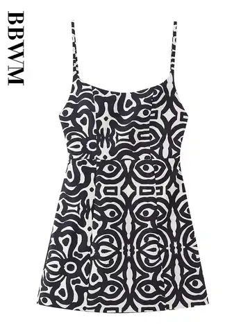 2023 Strap Mini Dress Woman Print Linen Dress Women Summer Backless Design Dresses Straight Collar Short Dress Chic Female