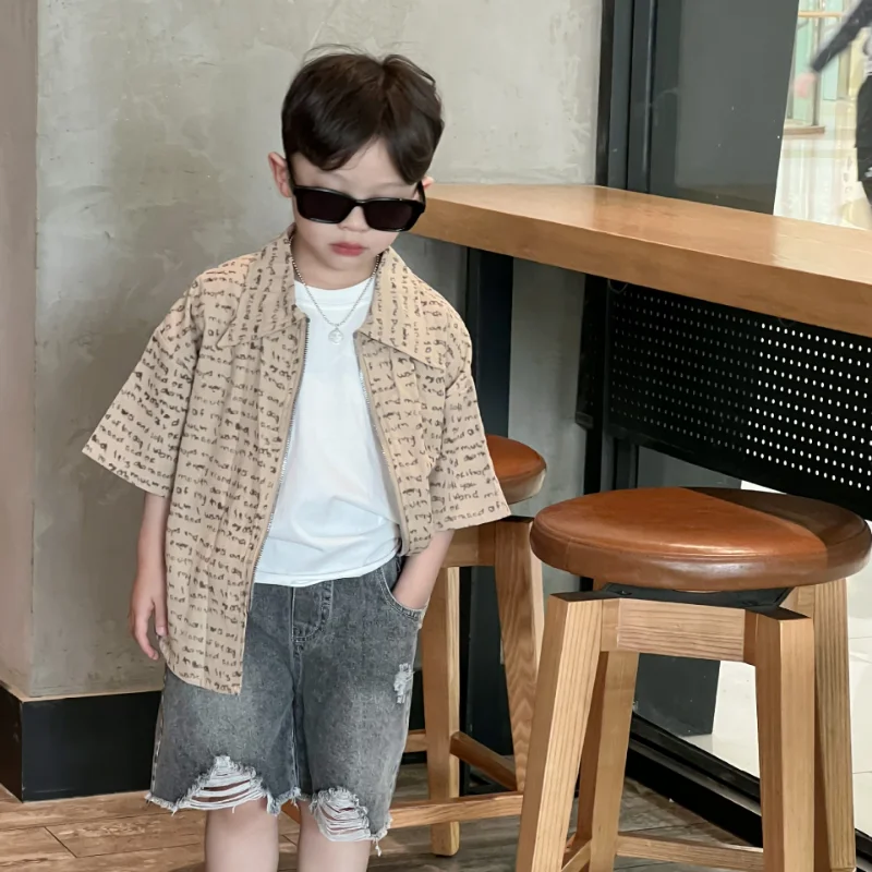 

Korean style summer Boys Halo stained letter Shirts zipper Lapel collar Kids loose short sleeve Tops