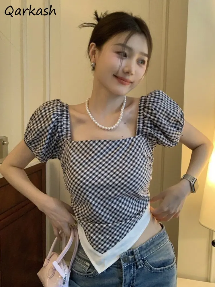 

Plaid Blouses for Women Bandage Sweet Design Hot Girls Vintage Korean Style Fashion Daily Casual Slim Fit Summer All-match Chic