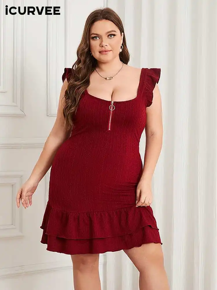 

ICURVEE Elegant Party Mini Dress Backless Summer 2022 Women Zip Front Ruffle Beach Sundress Casual Sleeveless Square Collar Robe