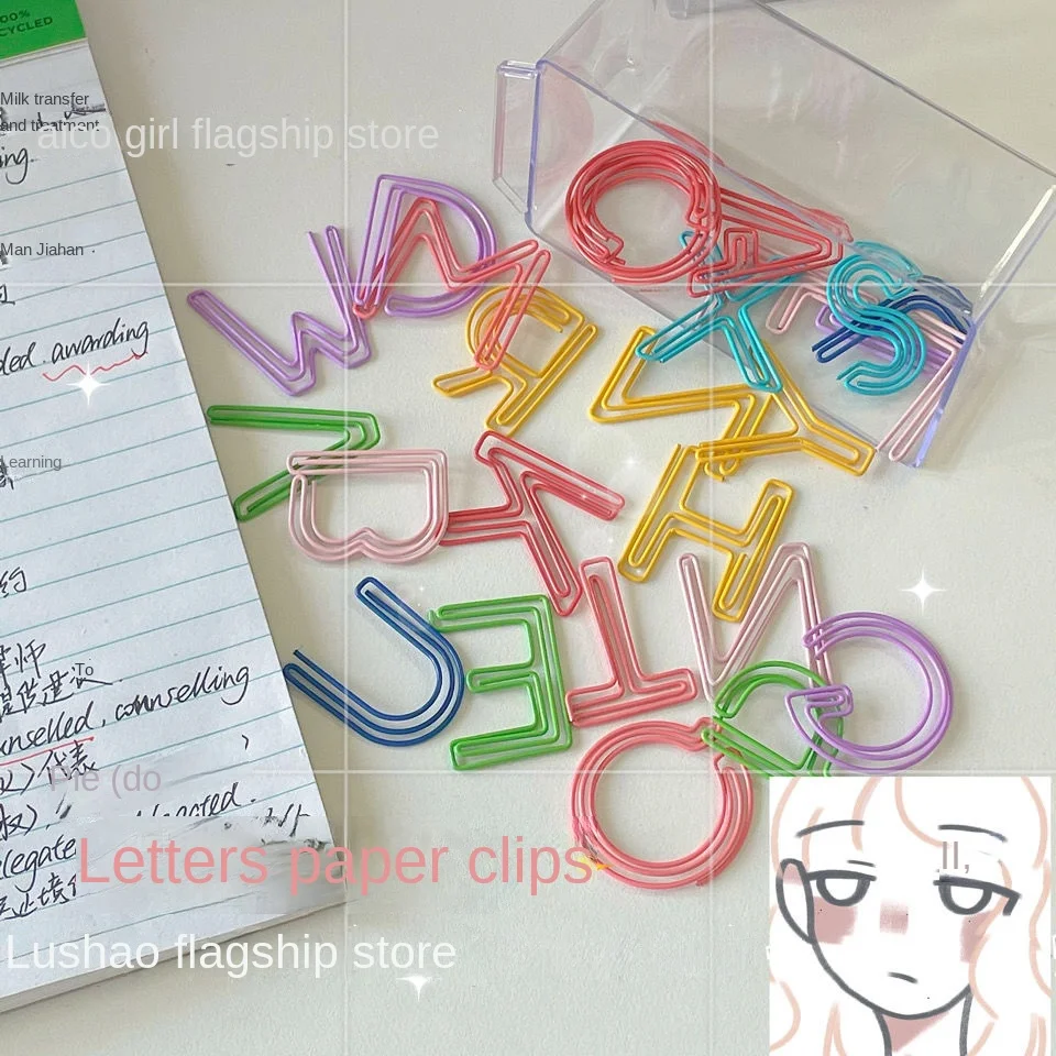 

26 Pcs/pack Cute English Letters Mini Paper Clips Kawaii Stationery Metal Clear Binder Clips Photos Tickets Notes Letter