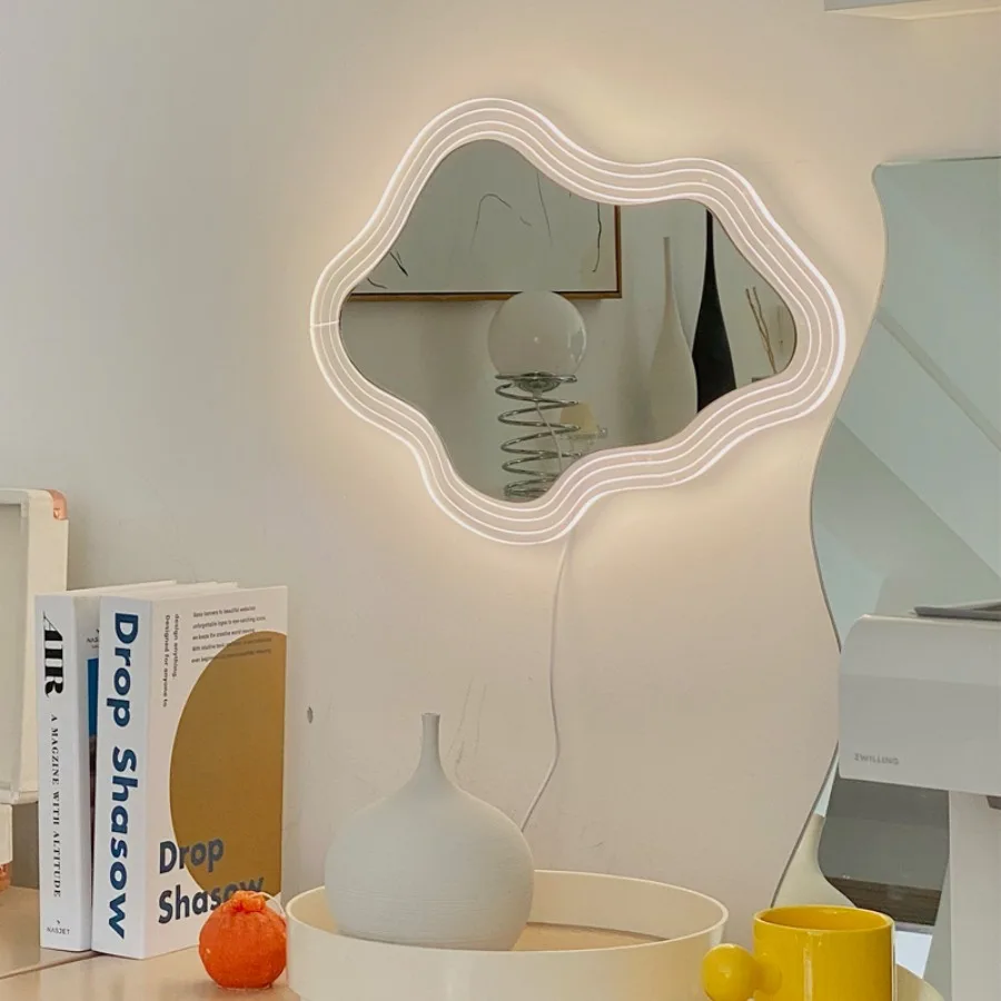 

Makeup Mirror Decoration Aesthetic Effect Vintage Mirror Lace Bathroom Vanity Light Bedroom Desk Wavy Pocket Espelho Wall Decor