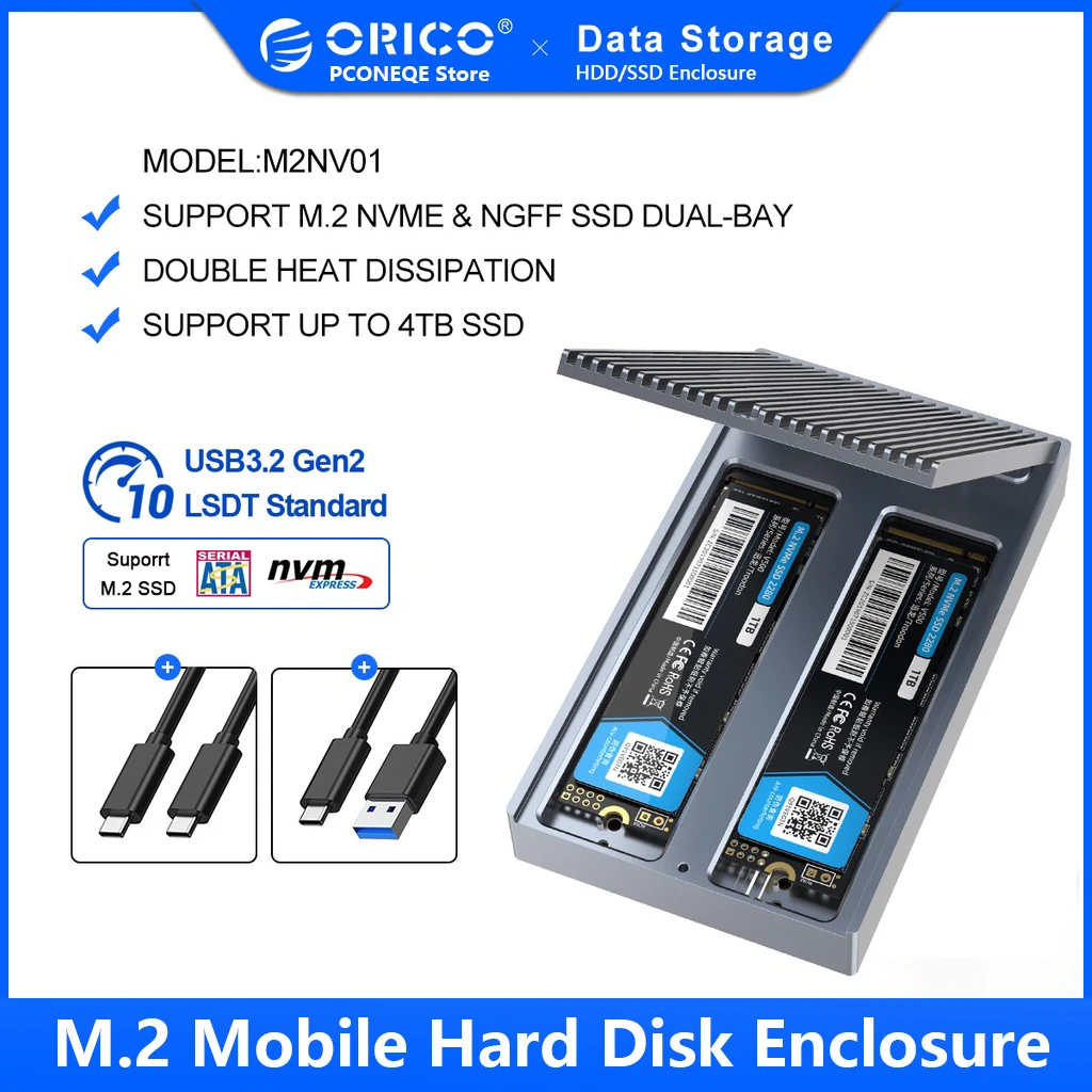 ORICO Dual Bay Dual Protocol M2 SSD Case Support M.2 NVME NGFF SATA SSD Disk For M Key & B+M Key SSD W/ 5V4A Power Adapter