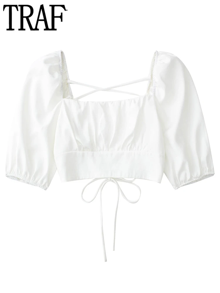 

TRAF 2022 White Crop Top Female Puff Sleeve Satin Blouses Women Summer Off Shoulder Tops Women Streetwear Backless Women Blouse