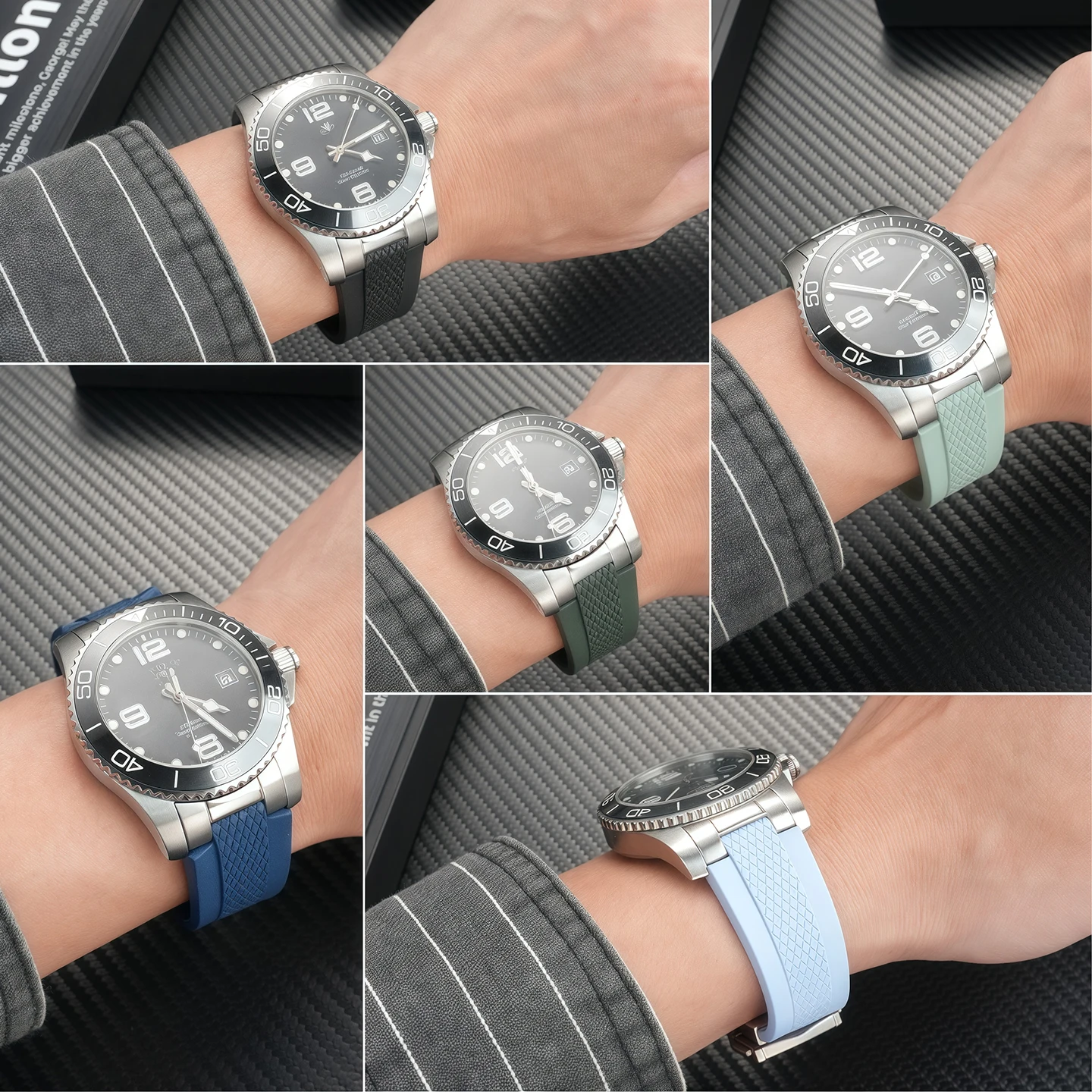 Фото Высококачественный ремешок для часов из фторкаучука 21 мм для Longines Hydroconquest L3 Conquest, спортивный ремешок для часов для дайвинга + металлический интерфейс №3