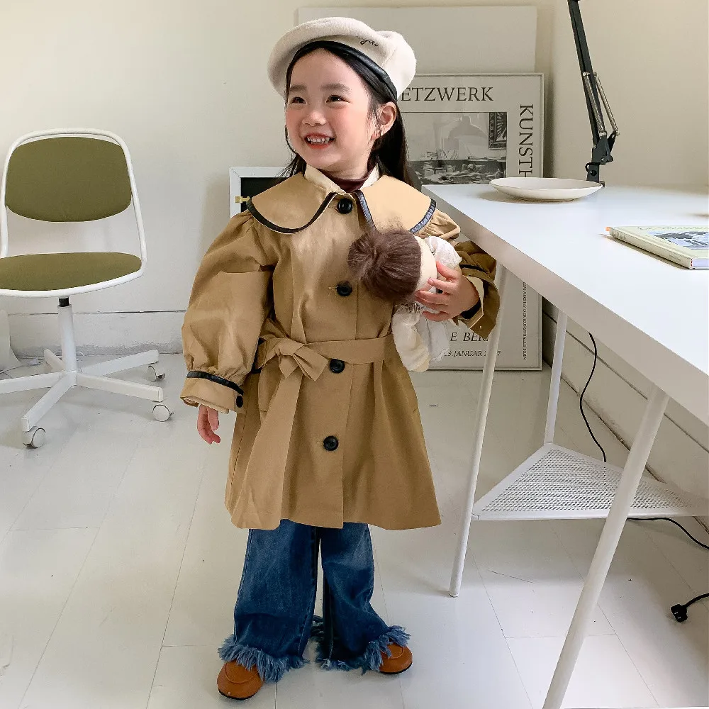 

Korean Children's Clothing 2022 Spring Autumn Girls College Wind Belt Windbreaker Long Coat
