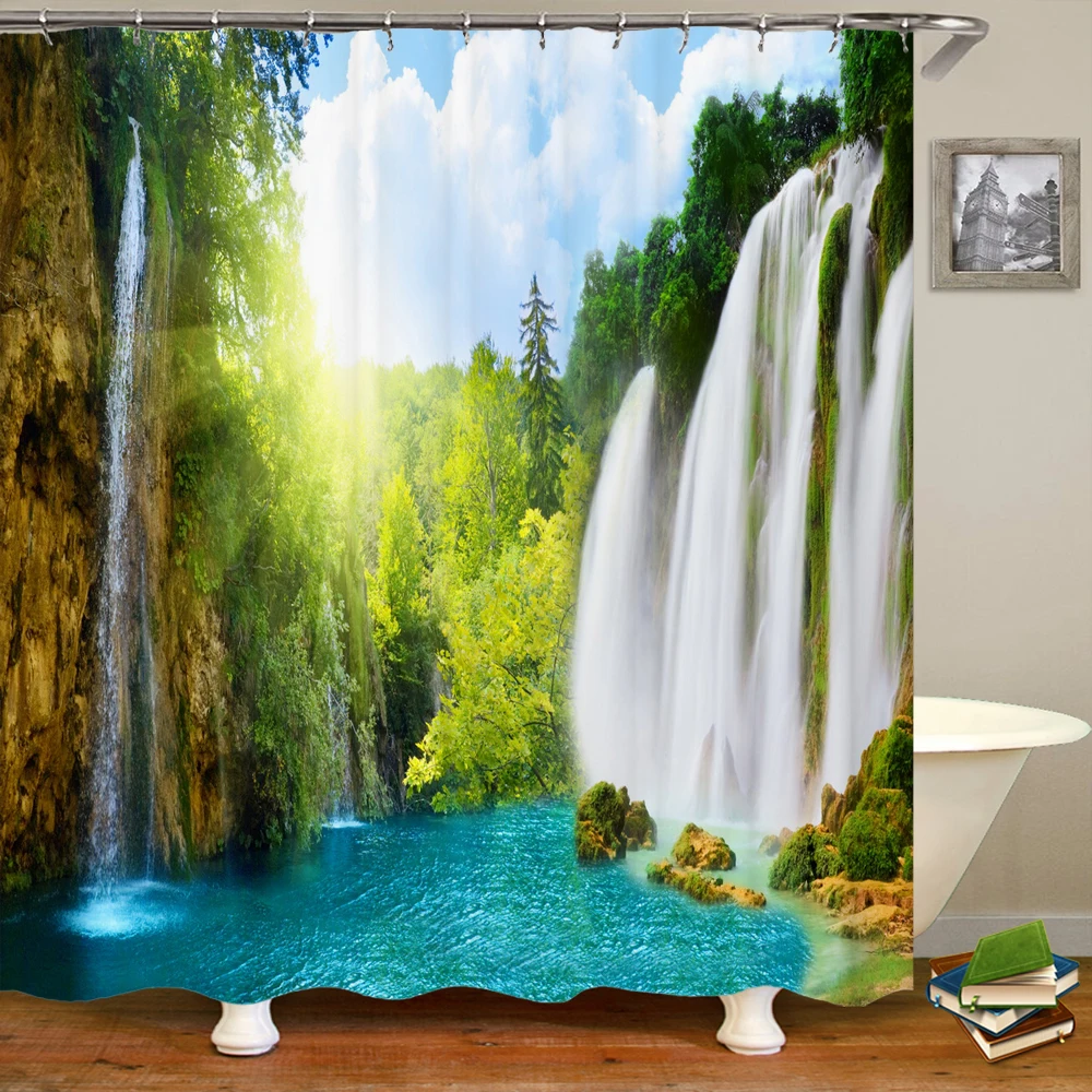 

Занавеска для ванной с изображением лесного пейзажа, 3d-занавеска для душа с принтом водопада, водонепроницаемое домашнее украшение из поли...