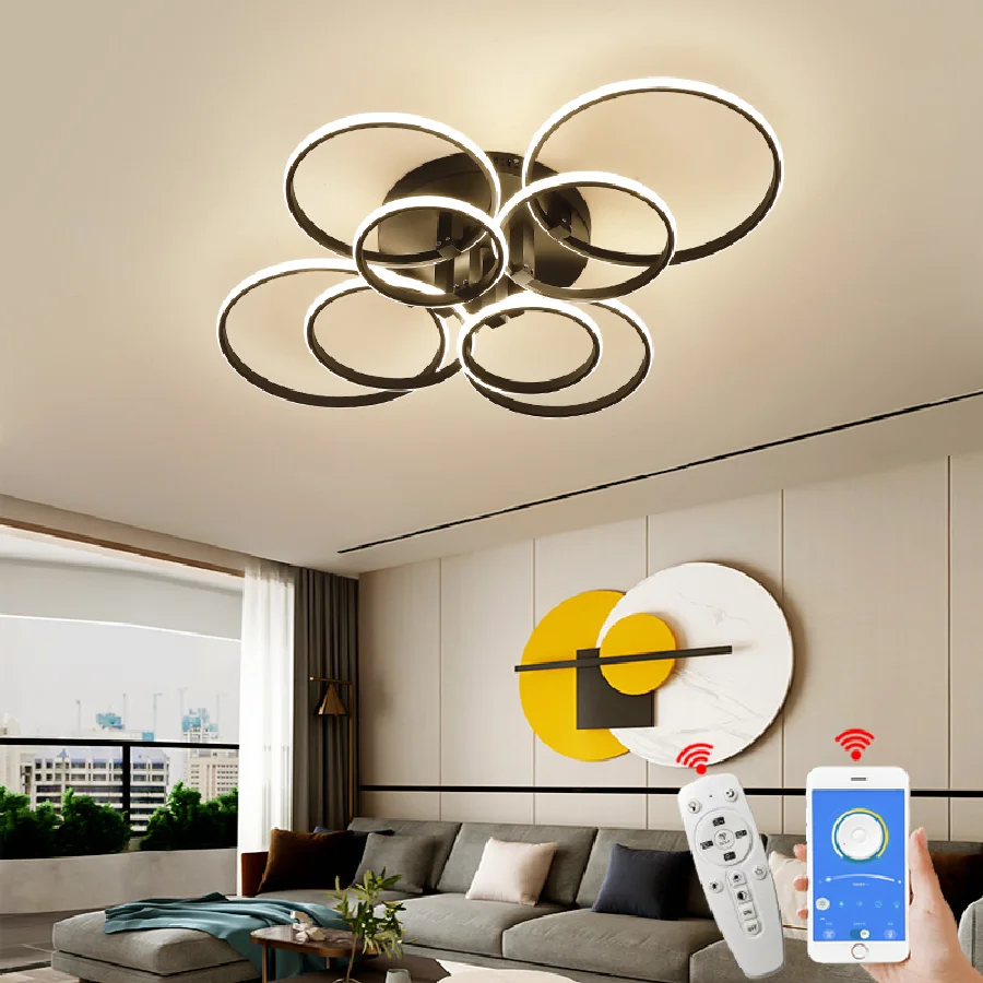 

Современные светодиодные потолочные светильники, 8/6/4 круглых колец, для гостиной, спальни, кабинета, матовый черный/белый цвет, потолочный с...