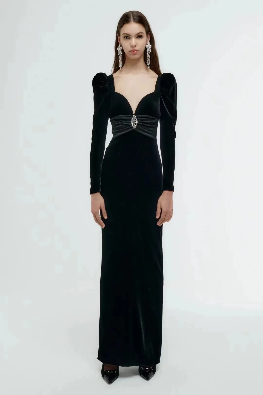 

022 French retro stunning slim slimming deep V fishbone waist puff sleeve dress velvet temperament