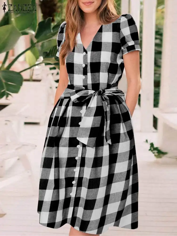 

ZANZEA 2023 Summer Checked Knee-length Dress Women Elegant Dress Plaid Fashion Vestidos Puff Sleeve Buttons Belted Black Robes