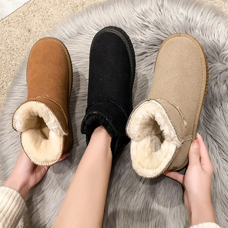 

Зимние ботинки с мехом, женская резиновая обувь, дождевые ботинки на плоской подошве, с круглым носком, Женские Австралийские плюшевые кожаные ботинки для снежной погоды, 2022