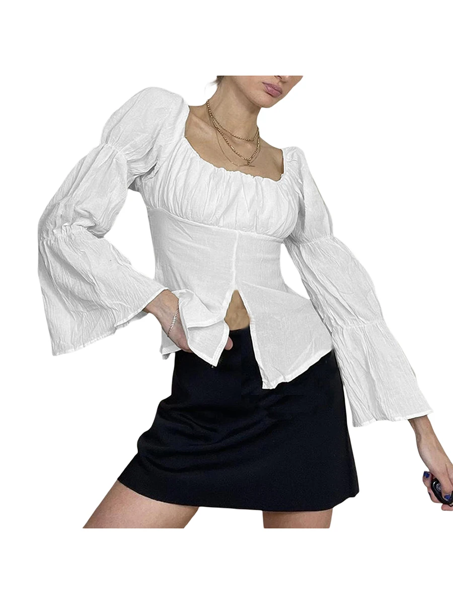 

Women s Sweet Solid Color Shirt Long Sleeve Scoop Neck Ruched Slit Hem Slim Blouse for Spring Autumn