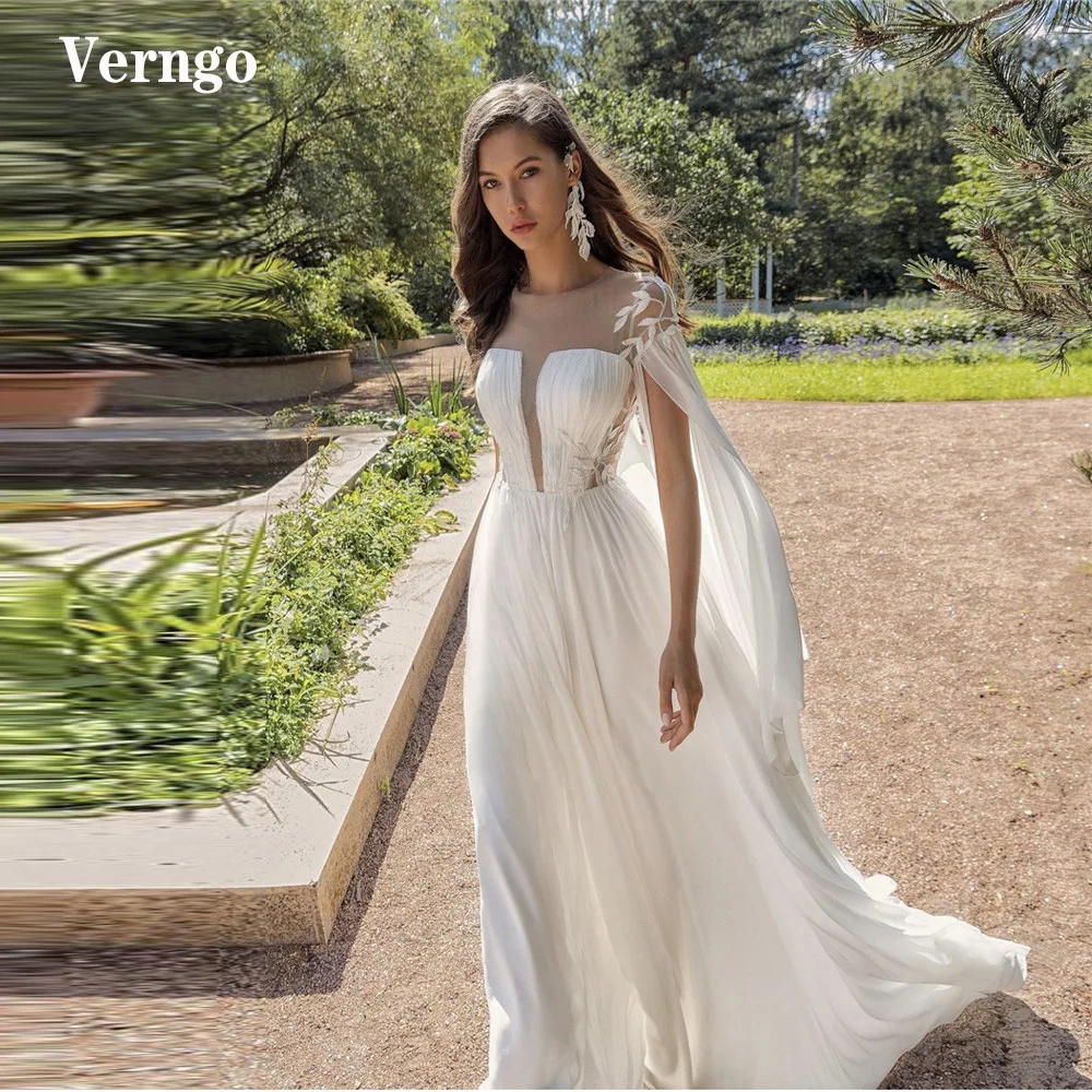 

Verngo Simple A Line Chiffon Wedding Dress With Long Cape Applique Sheer O-Neck Beach Wedding Gowns Bride Mariage Buttons Robes