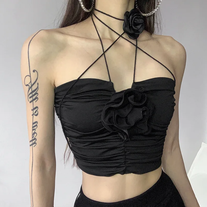 

Sunny y.j. Black Rose Mysterious Sexy Elastic Glamorous Hot Tight Mature Femininity Glamour Party Women's Wrap Chest Crop Top