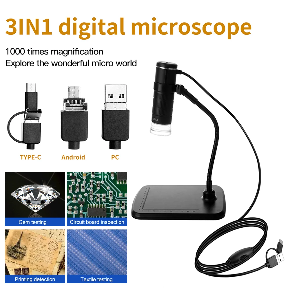 Wireless Digital Microscope 1000X Portable Mini 3-in-1 USB Microscope HD Camera with LED Light Silicone Pad for Phone Detection